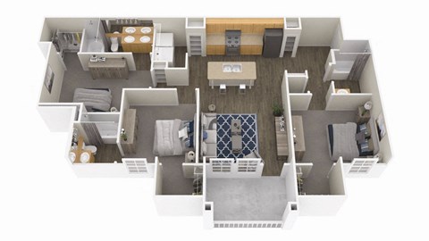 a 3d drawing of a floor plan with bedrooms and a living room